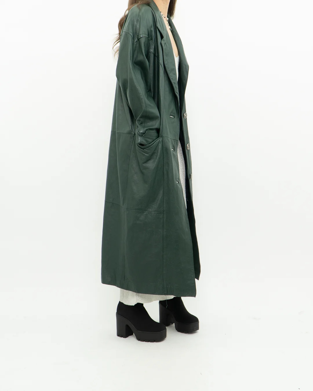 Vintage Forest Green Leather Trench Coat