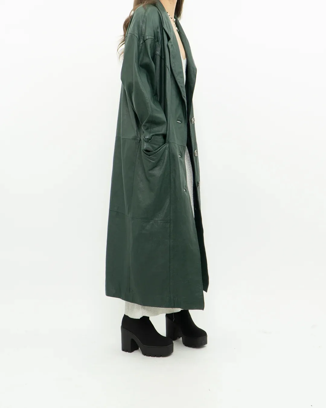 Vintage Forest Green Leather Trench Coat thumbnail