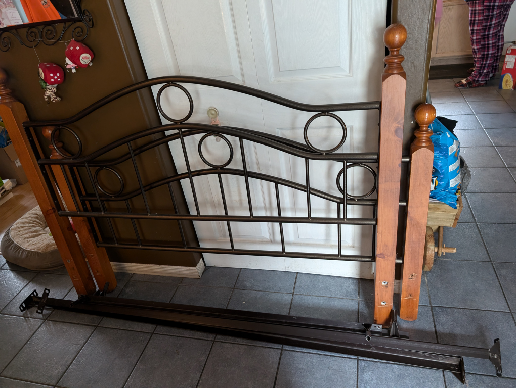 Queen bed frame, metal and wood
