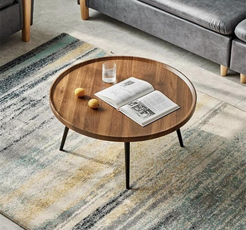 Round Wooden Coffee Table with Black Legs