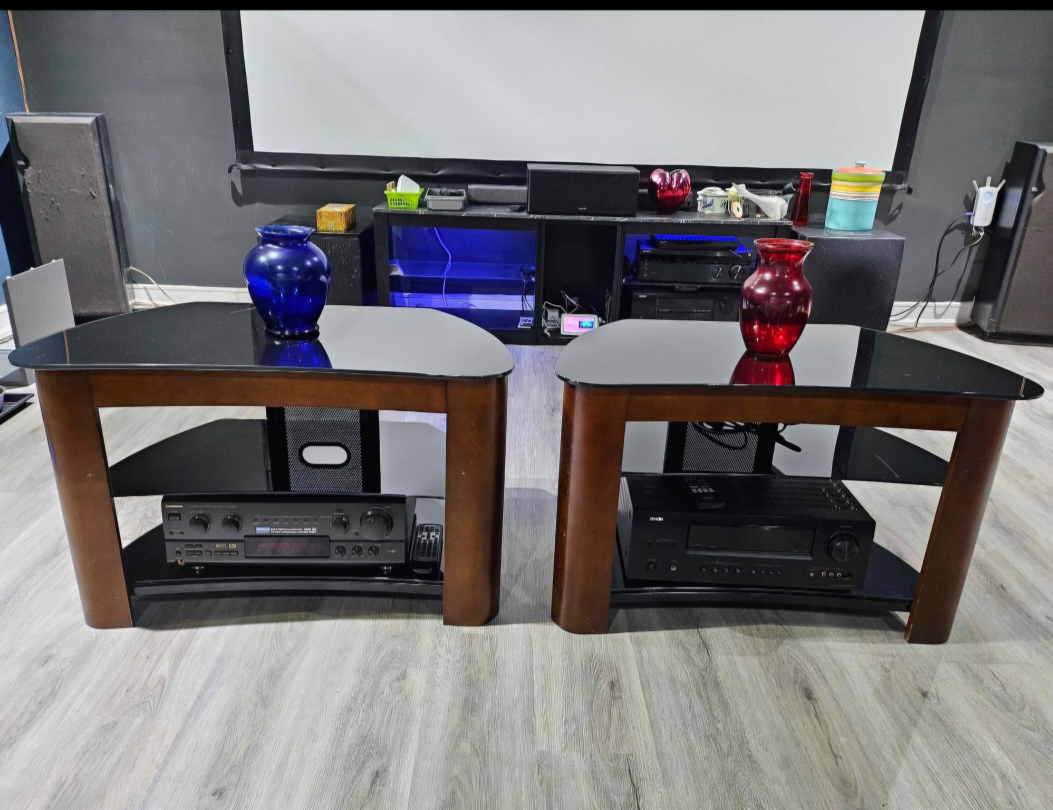 Pair of Corner TV Stands - Black Glass & Wood