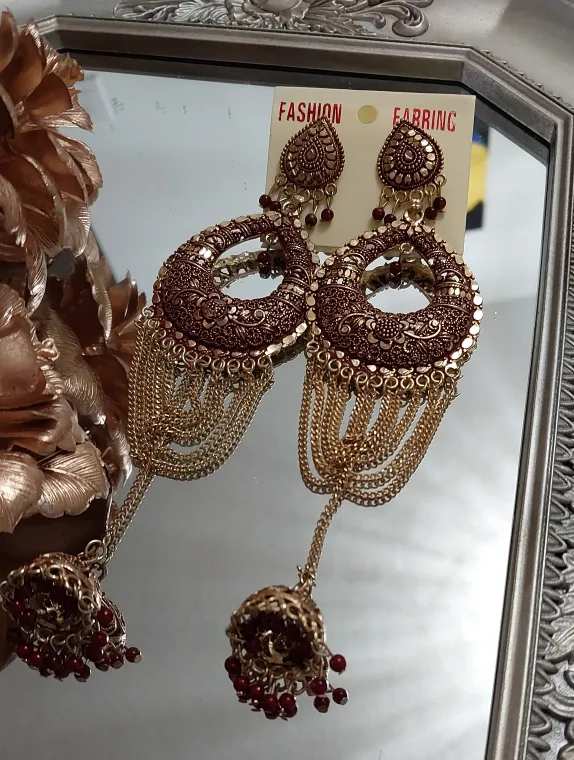 BNIB Gorgeous Maroon and Gold Jhumka Earrings ##ThriftyPicks image indicator(2)