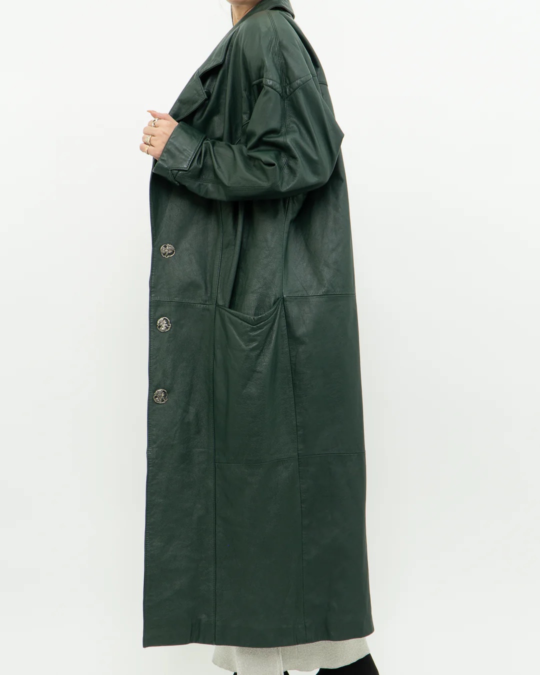 Vintage Forest Green Leather Trench Coat - photo 3