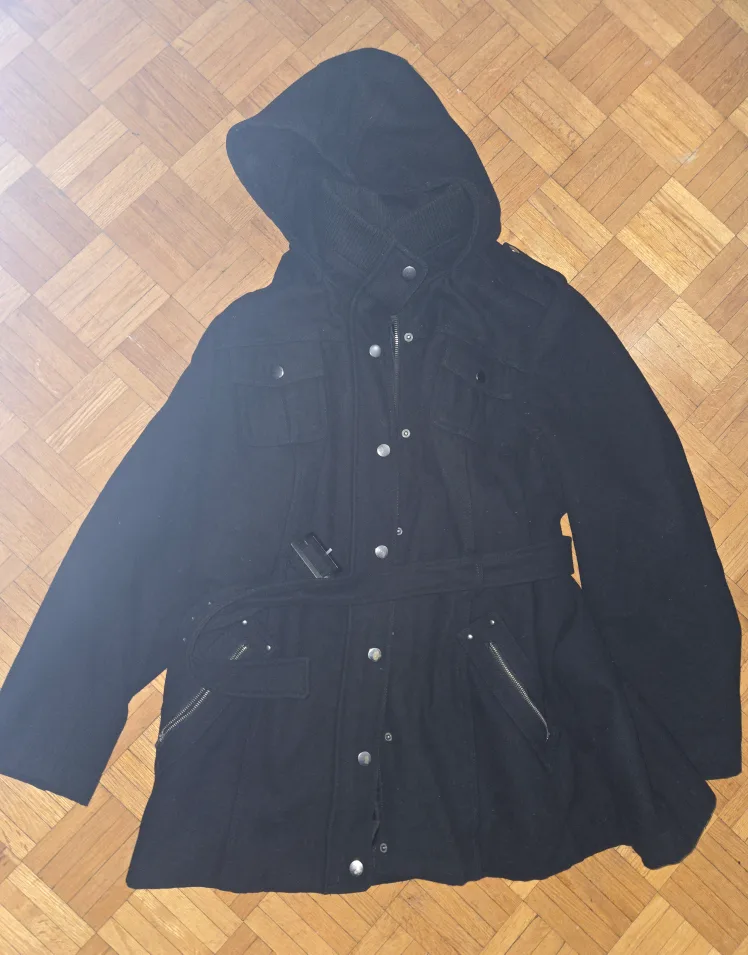 Women's Black Hooded Peacoat with Belt thumbnail