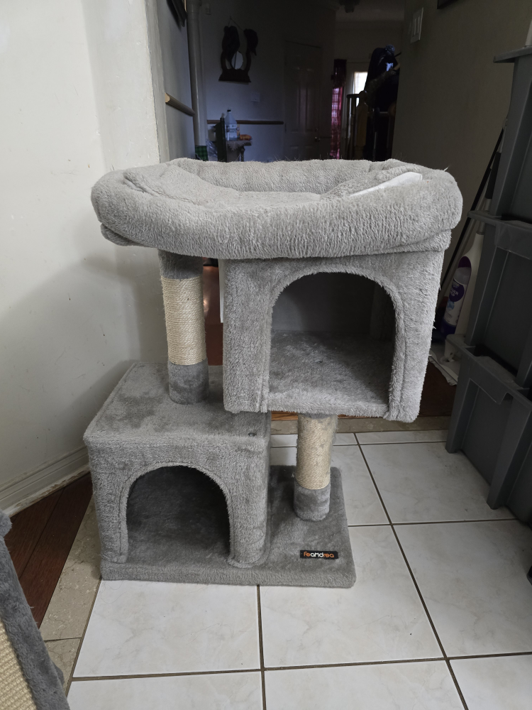 Grey Cat Tree Condo with Two Perches