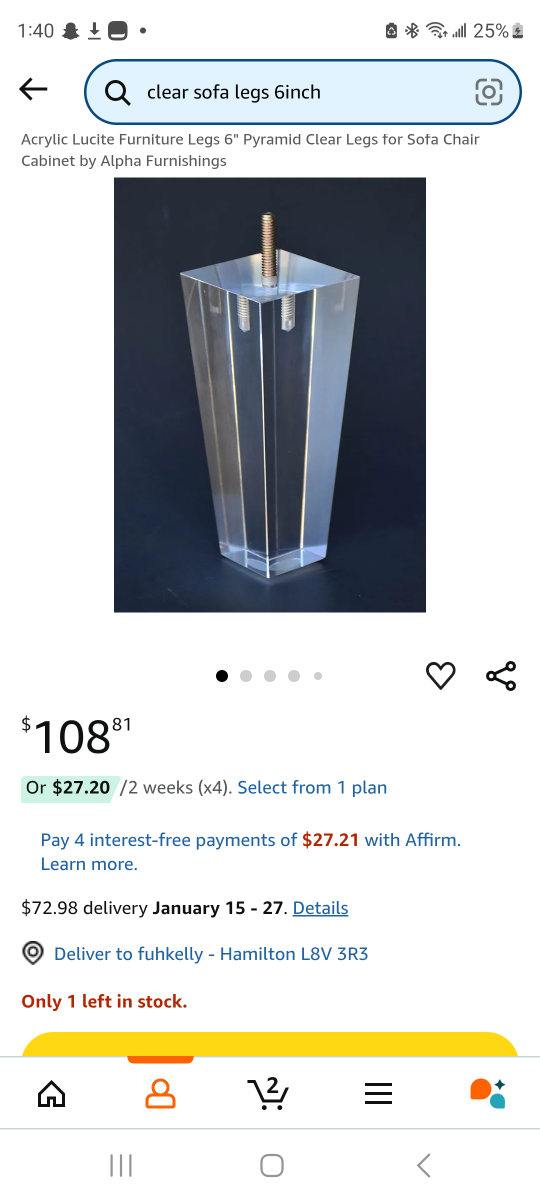 Acrylic Lucite Furniture Legs 6" Pyramid Clear Legs for Sofa - photo 3