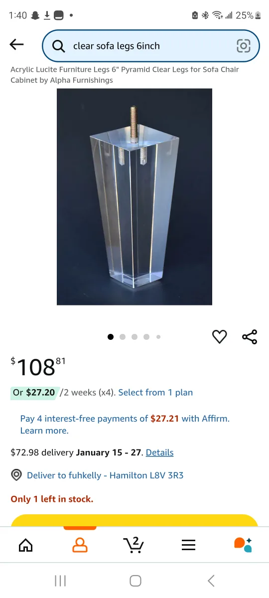 Acrylic Lucite Furniture Legs 6" Pyramid Clear Legs for Sofa image indicator(3)
