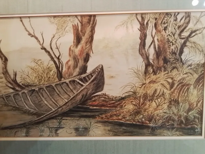 MCM Framed Evocative Beached Canoe Watercolour Painting 28"💚 image indicator(3)