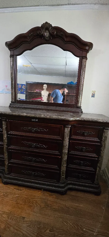 Dark Wood Dresser with Marble Top and Mirror image indicator(3)