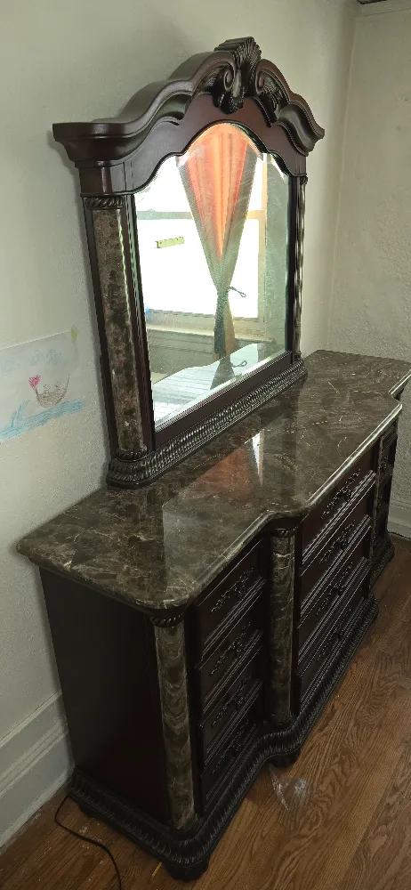 Dark Wood Dresser with Marble Top and Mirror image indicator(5)