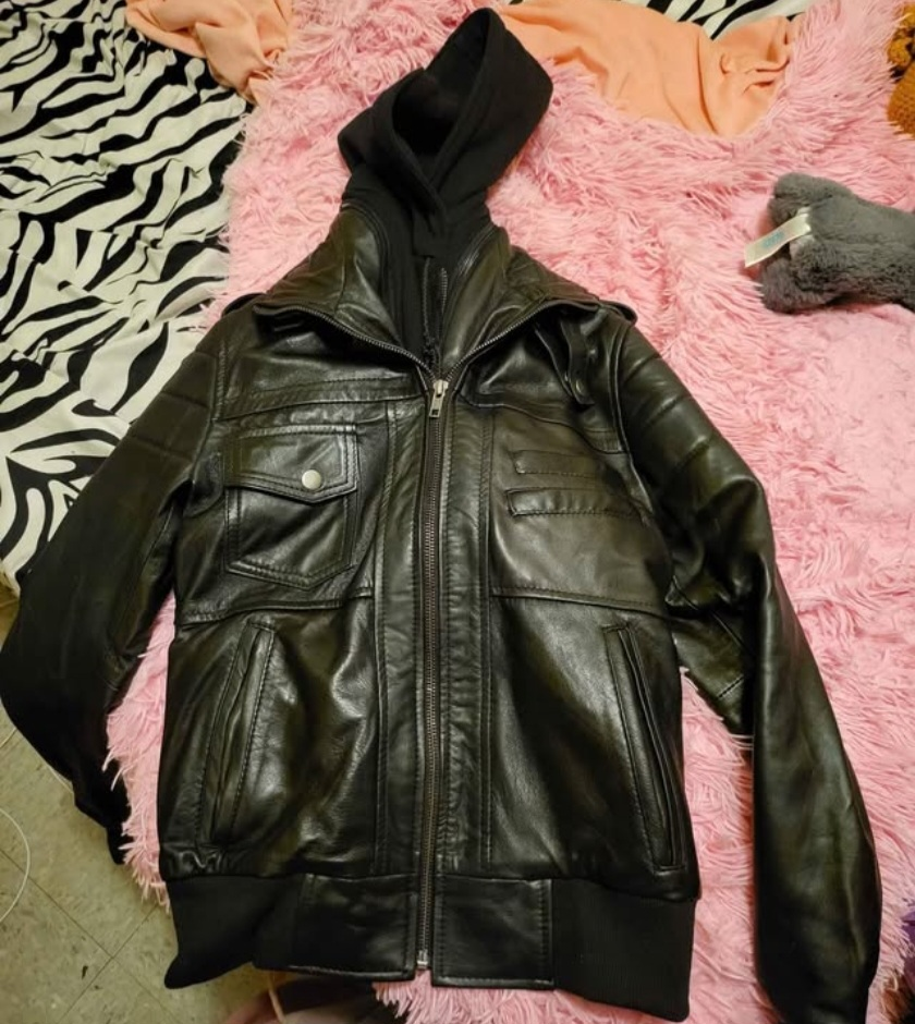 Black Leather Jacket- built in Hoodie