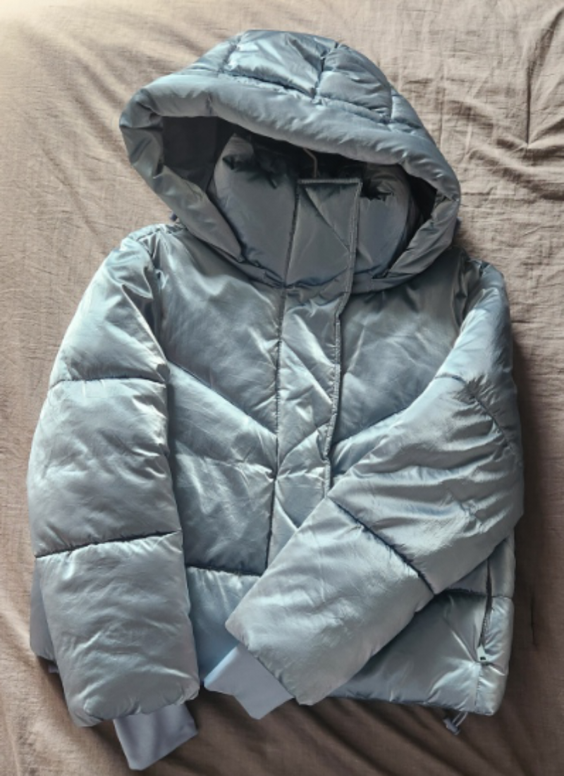 GAP Women's Metallic Blue Puffer Jacket with Detachable Hood