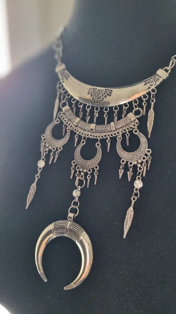 Bohemian Statement Necklace, Silver Crescent Moon Charm image indicator(3)