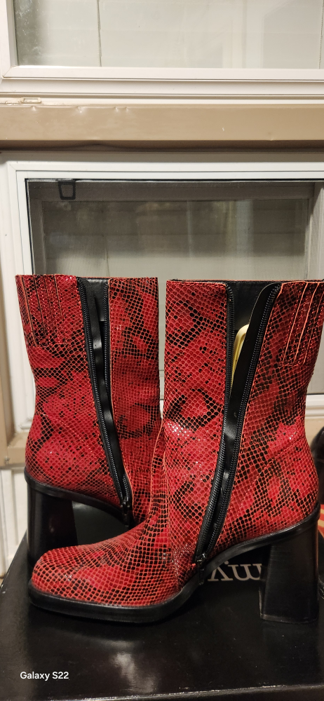 Red Snakeskin Block Heel Boots - photo 2