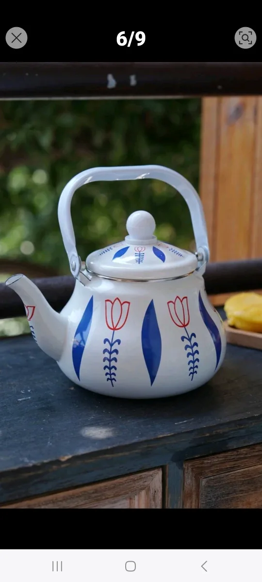 Vintage Enamel Tea Kettle with Floral Design thumbnail