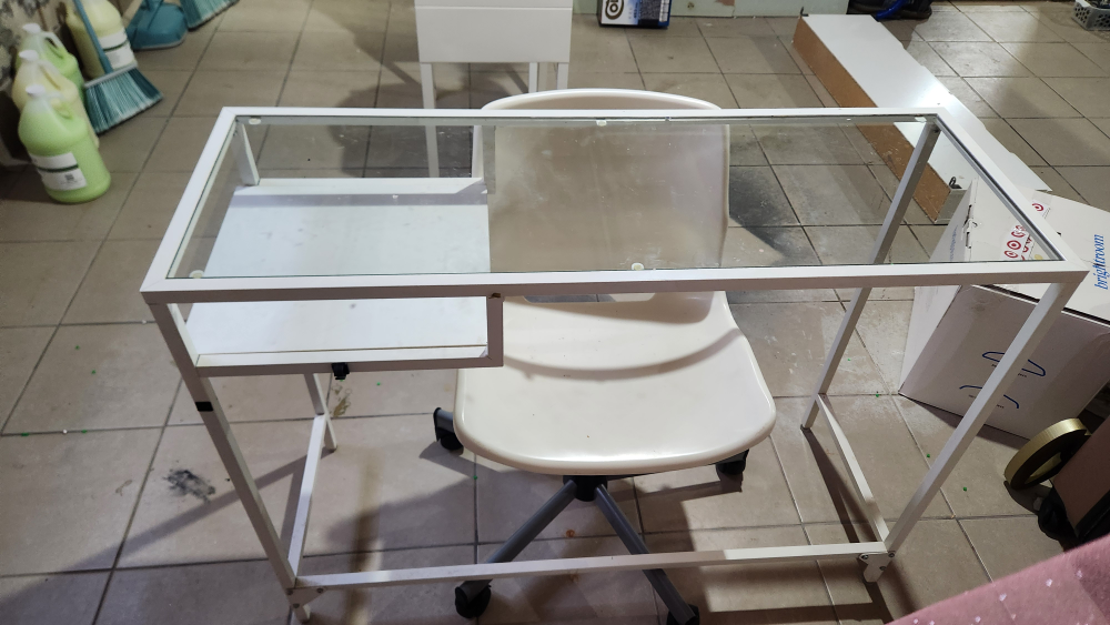 IKEA. White Metal Desk with Glass Top and Chair