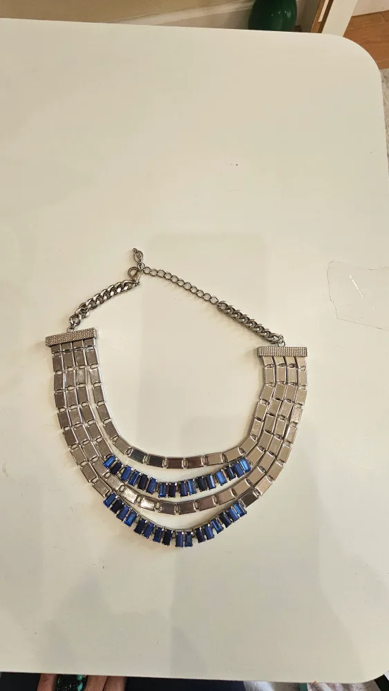 Multi-Strand Silver Tone Necklace with Blue Rhinestones image indicator(8)