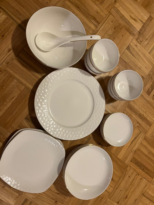 White Dinnerware Set with Gold Trim