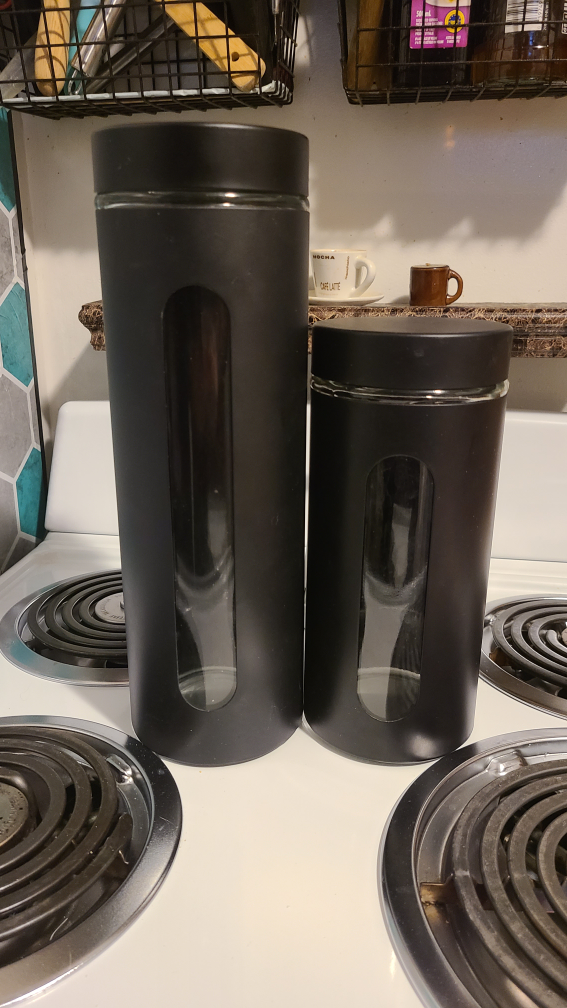 Set of 2 Black Glass Canisters with Clear Window