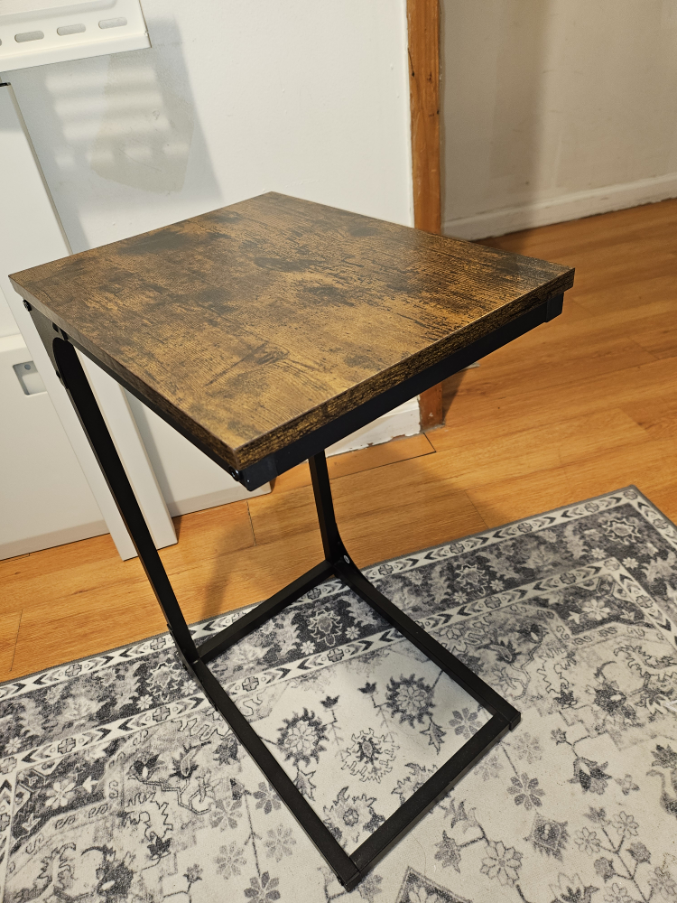 C-Shaped End Table, Rustic Brown Wood Top, Black Metal Frame
