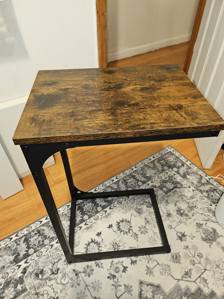 C-Shaped End Table, Rustic Brown Wood Top, Black Metal Frame - photo 2