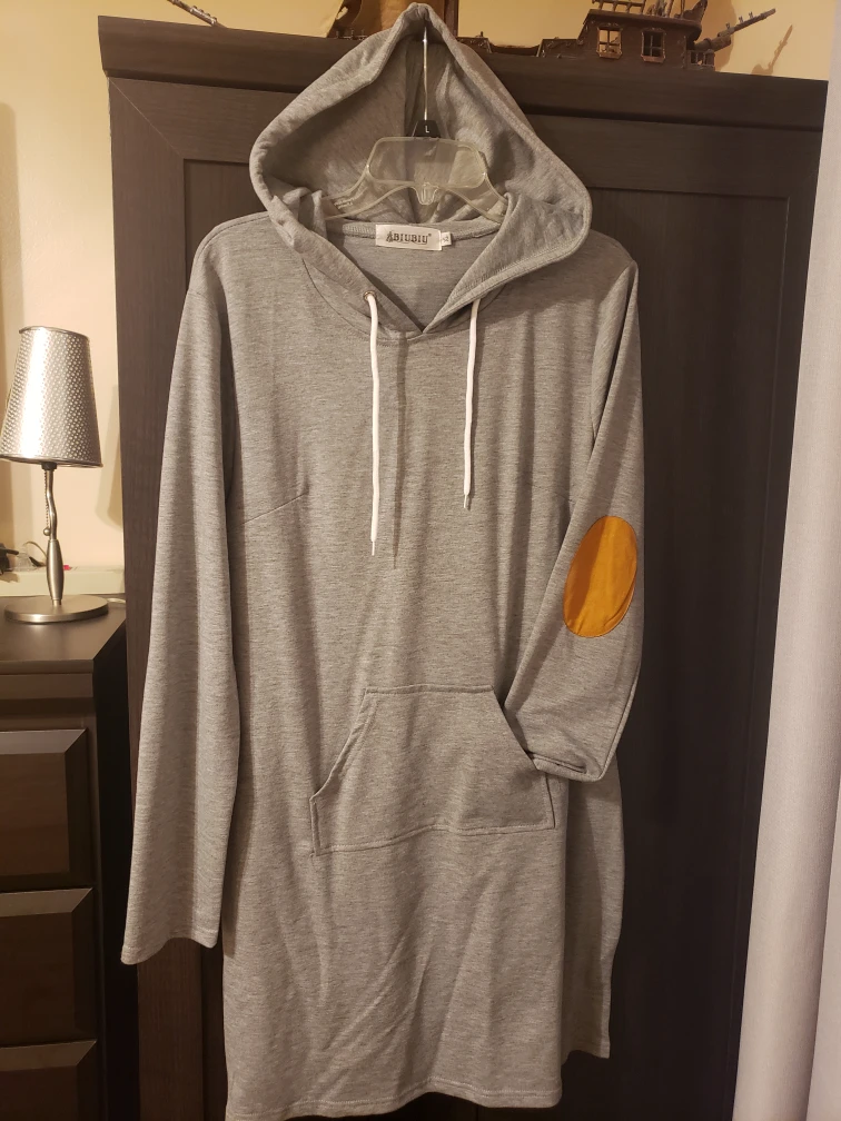 Grey hooded sweater dress with elbow patch