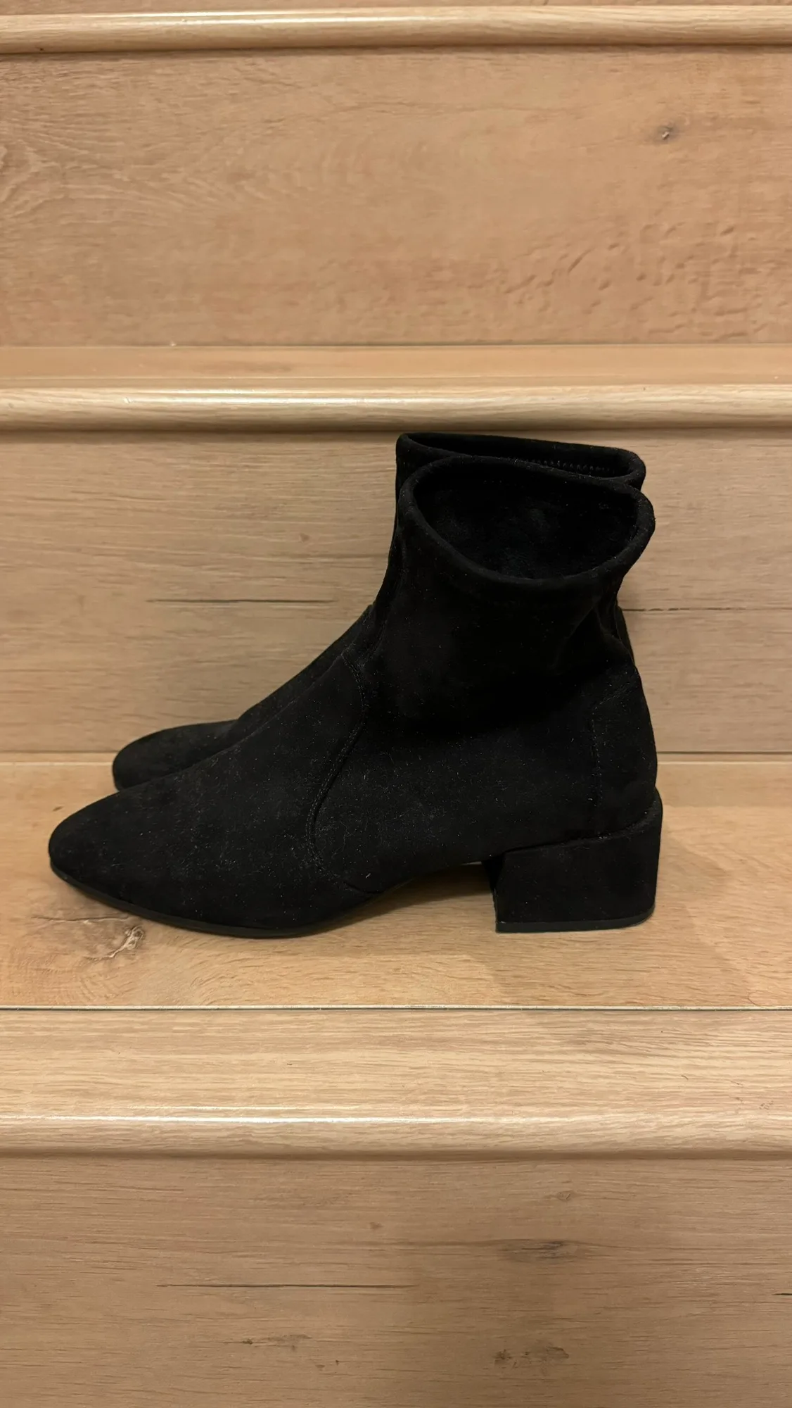Size 7! Chelsea black suede ankle heels boots image indicator(3)