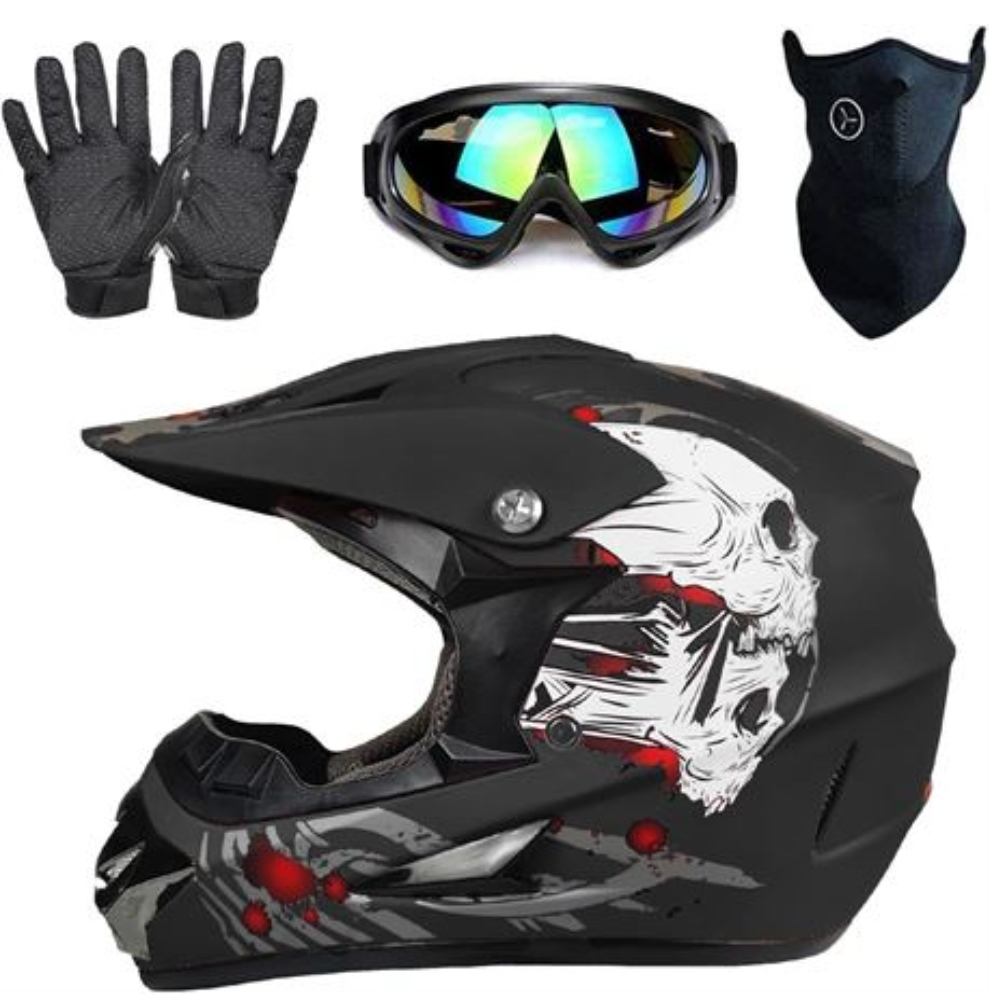 Motocross Helmet, Goggles, Gloves & Face Mask Set - Skull Design