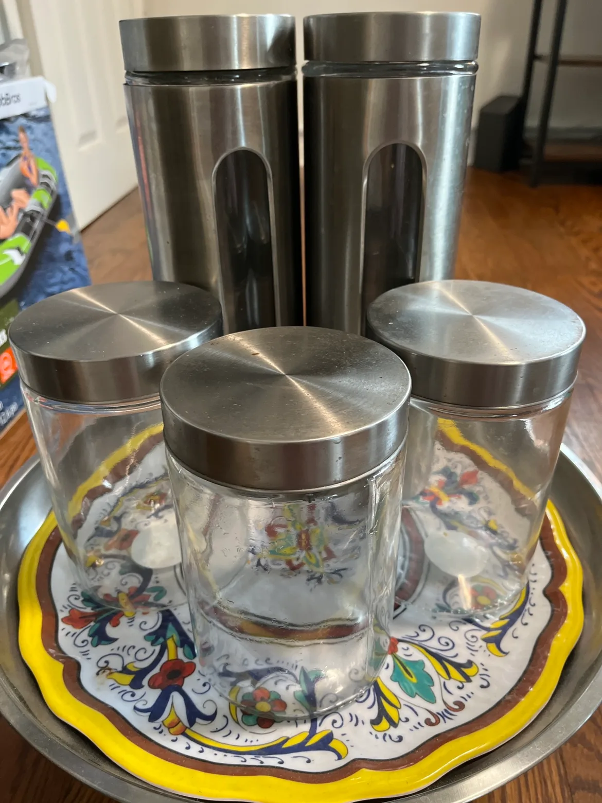 Set of 5 Stainless Steel and Glass Canisters with Tray thumbnail