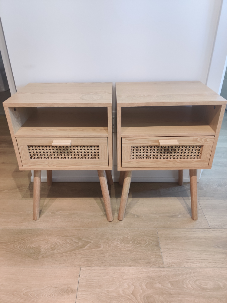 Pair of Mid-Century Modern Nightstands with Rattan Drawer - photo 3