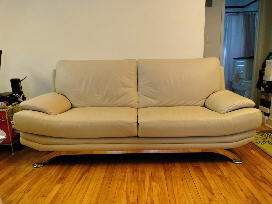 Beige Leather Loveseat with Chrome Legs