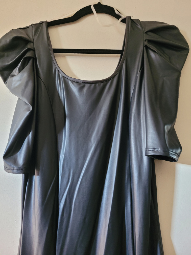 Black Faux Leather Dress with Puff Sleeves - photo 4