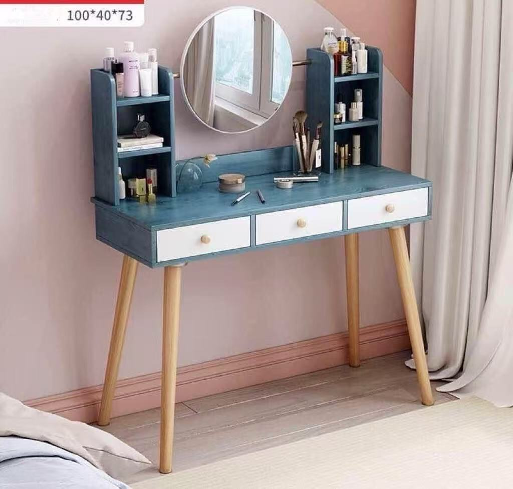 Blue Vanity Desk with Mirror and Organizers