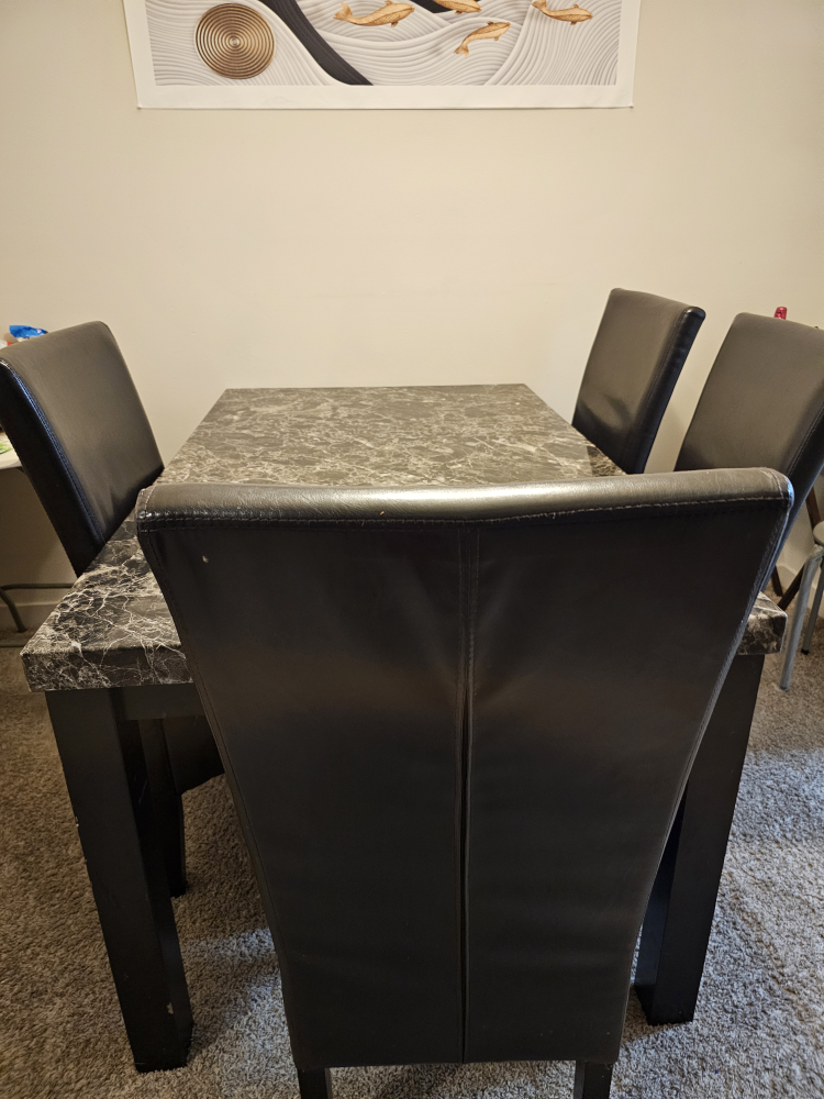 Dining Table Set - Marble Top & Black Leather Chairs