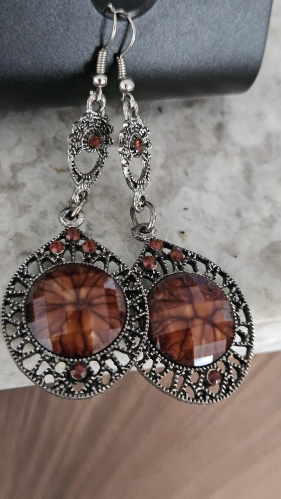 Brown Genstone Silver Tone Dangle Earrings - photo 2