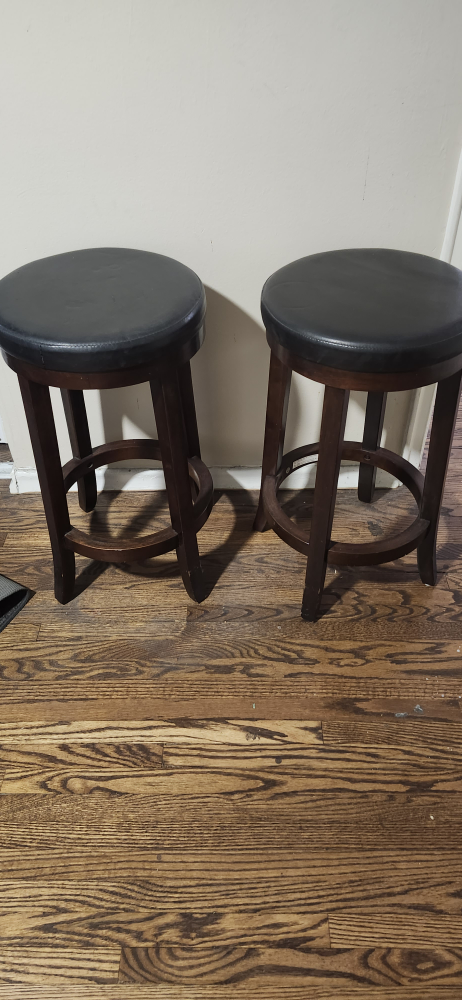 Pair of Dark Brown Bar Stools with Black Leather Seats
