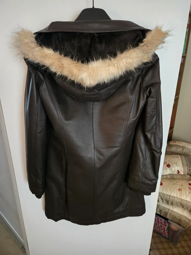 Women's Brown Leather winter coat with Faux Fur Hood image indicator(2)