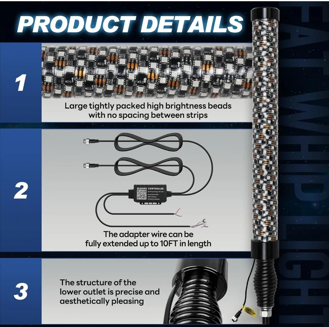 2PCS 3FT RGB LED Whip Lights w/ App & Remote for UTV/ATV image indicator(10)