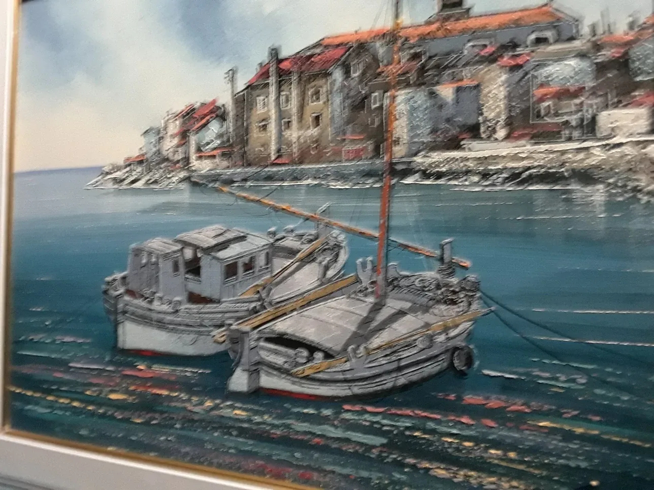 Framed Coastal Painting of Boats in Harbour image indicator(2)