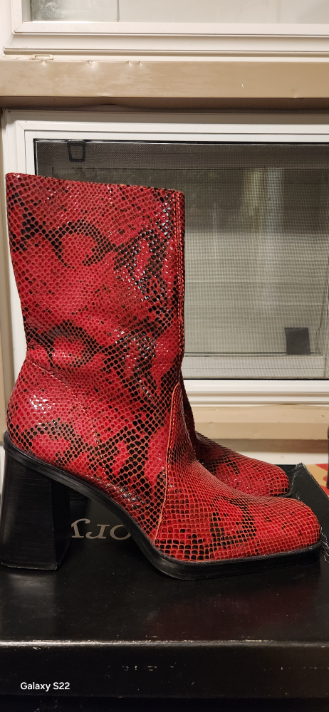 Red Snakeskin Block Heel Boots