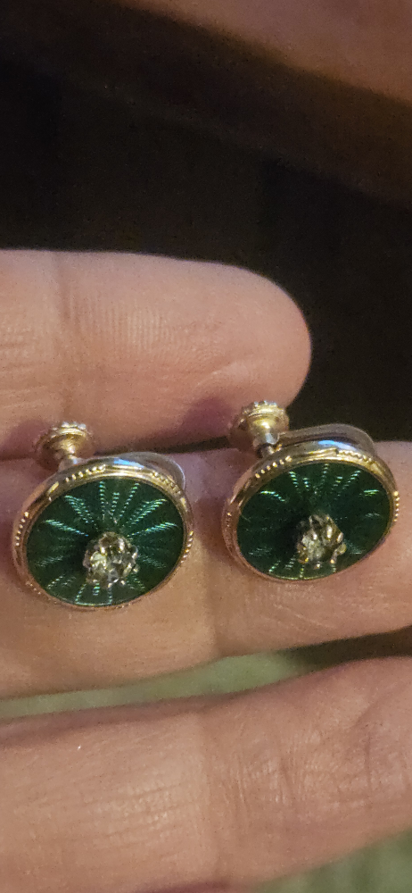 Vintage Gold Tone Green Enamel Rhinestone Clip On Earrings - photo 5