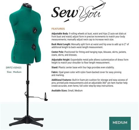 Dritz Sew You Adjustable Dress Form, Size Medium, Opal Green thumbnail