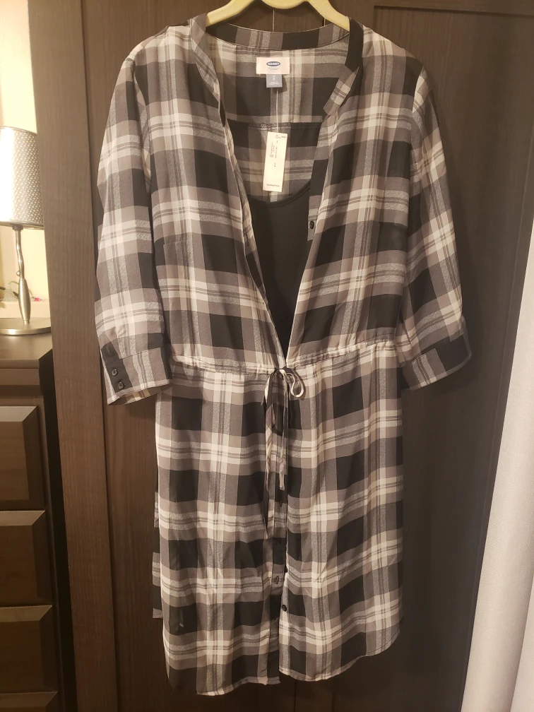 Old Navy Black and Grey Plaid Shirt Dress with Cami