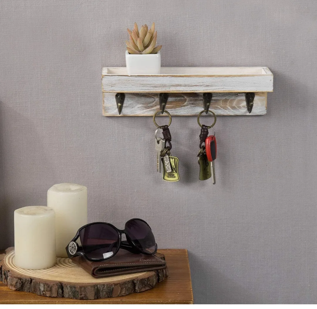 Rustic Whitewashed Wooden Key Holder with Shelf image indicator(8)
