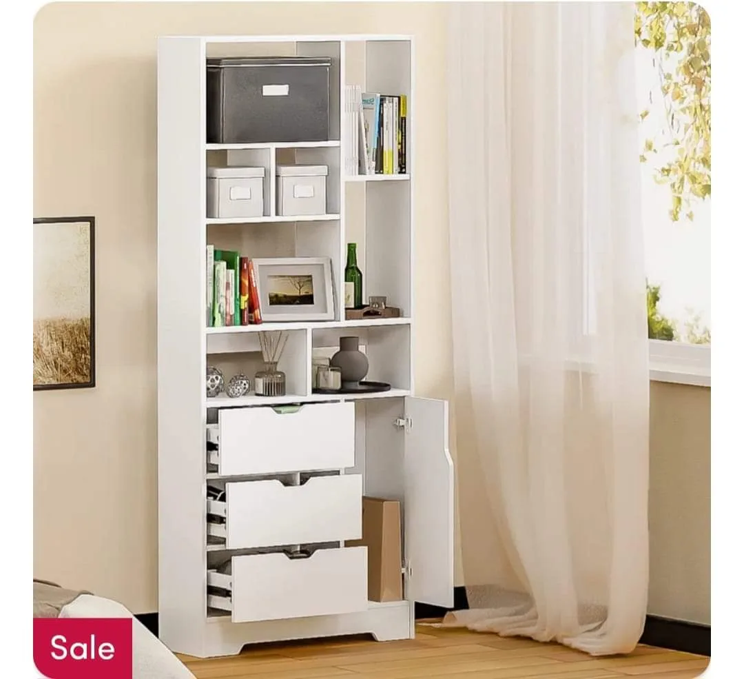 White Wooden Storage Cabinet with Shelves and Drawers image indicator(3)