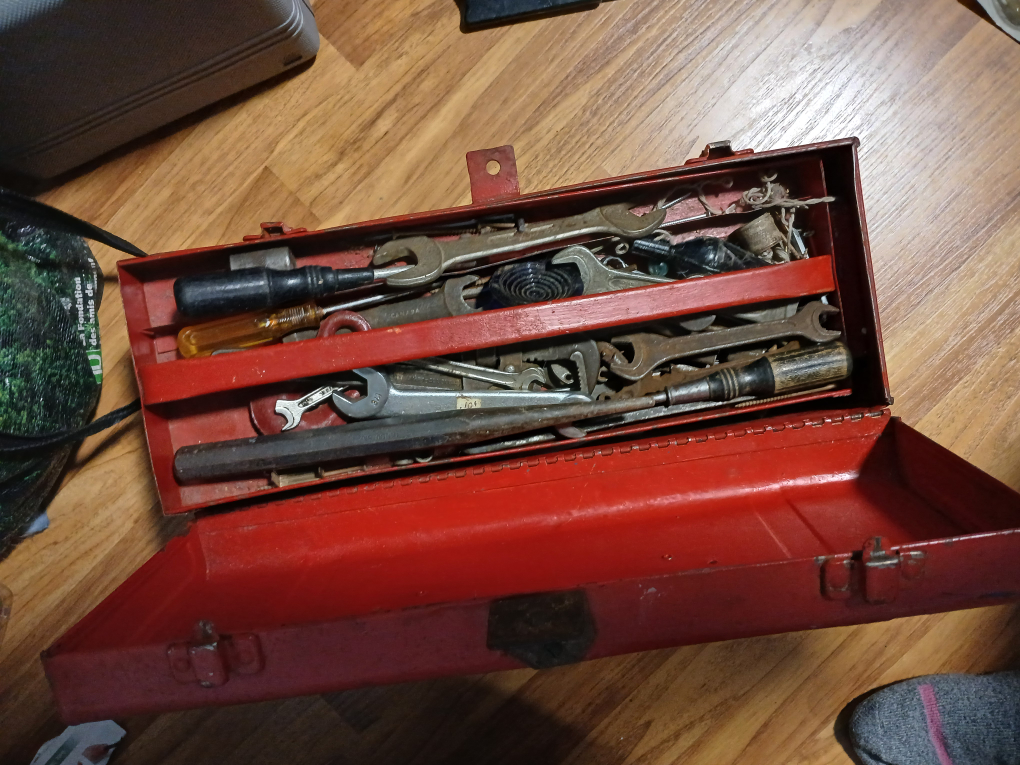 Vintage Red Metal Tool Box with Assorted Hand Tools