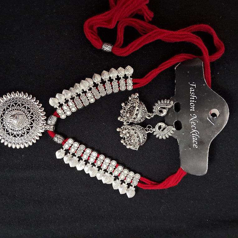 Oxidized Silver Necklace Set with Earrings