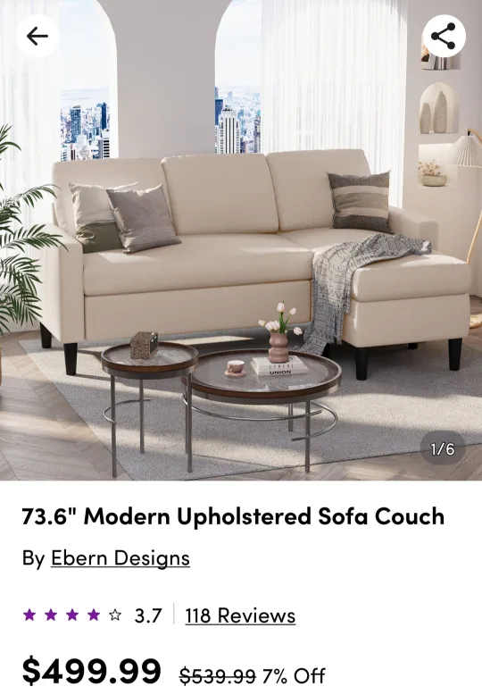 Ebern Designs 73.6" Modern Upholstered Sofa Couch image indicator(2)