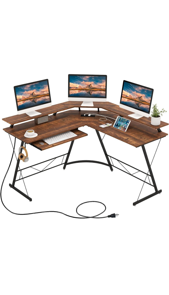 Large L-Shaped Computer Desk with Two-Tier Shelf
