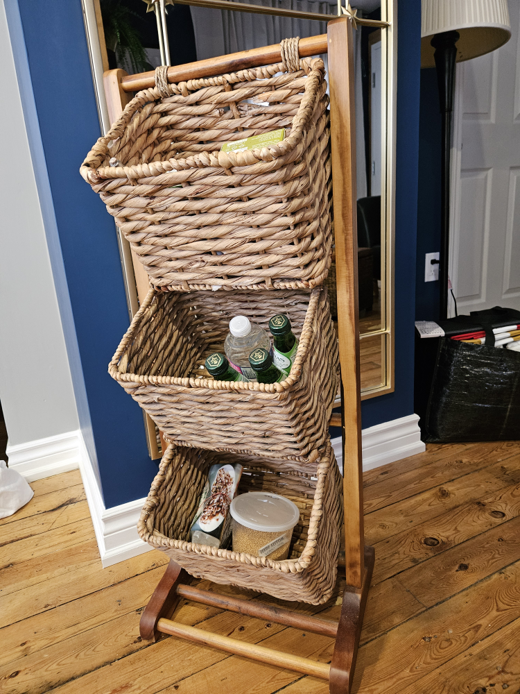 Three-tiered woven basket storage stand
